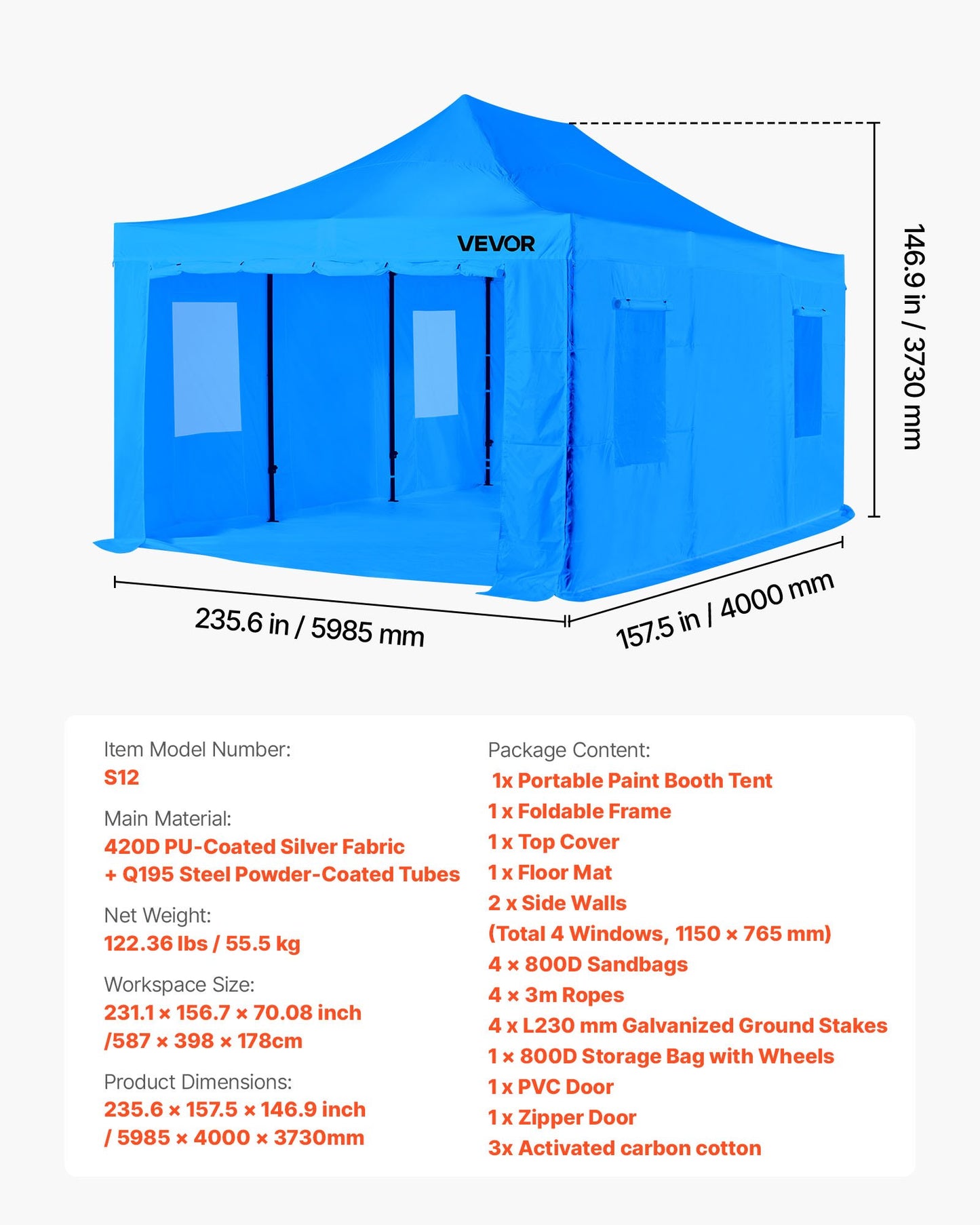 Portable Paint Booth Tent, 231.1 x 156.7 x 70.08 inch Portable Garage Spray Tent, Waterproof Spray Booth with Foldable Frame Design & 4 Mesh Side Windows for Auto Parts, Furniture, Car Painting