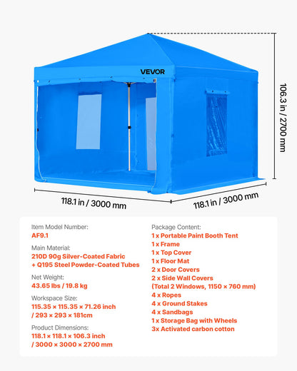 Portable Paint Booth Tent, 115.35 x 115.35 x 71.26 inch Portable Garage Spray Tent, Waterproof Spray Booth with Foldable Frame Design & 2 Mesh Side Windows for Auto Parts, Furniture, Motorcycle