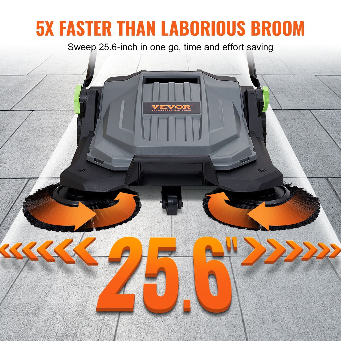 Walk-behind Hand Push Floor Sweeper, 25.6" Sweeping Width Floor Sweeper Manual Non-Electric, 5-Gallon Waste Container, Angle & Height Adjustable Folding Handle for Walkway, Yard, Garage, Patio