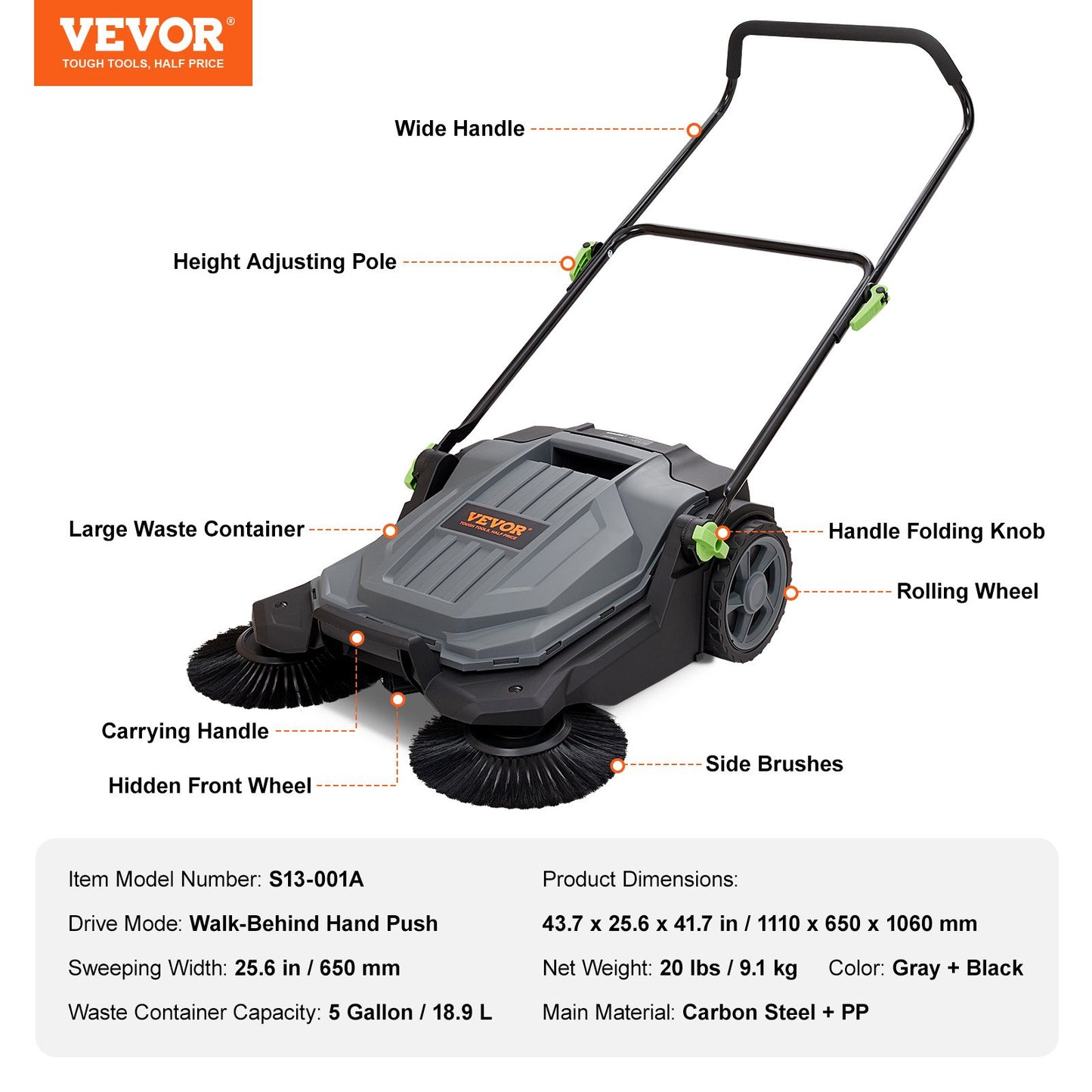 Walk-behind Hand Push Floor Sweeper, 25.6" Sweeping Width Floor Sweeper Manual Non-Electric, 5-Gallon Waste Container, Angle & Height Adjustable Folding Handle for Walkway, Yard, Garage, Patio