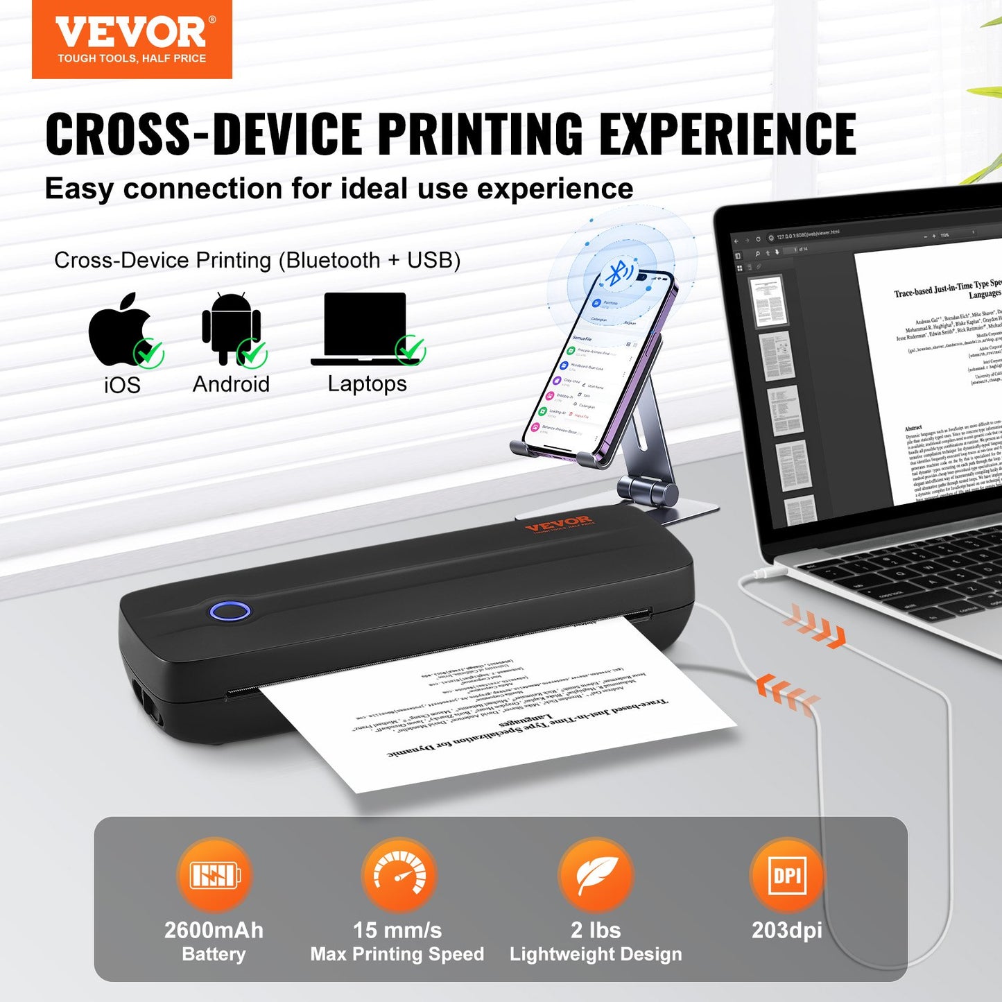 Portable Printer - 2600mAh Battery, 203 DPI, Bluetooth Inkless Mobile Printer for A4, A5 & 8.5" x 11" Thermal Paper, Compatible with iOS, Android & Laptop, Ideal for Travel, Office & Home Use