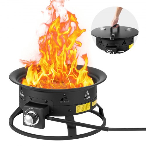 Propane Fire Pit, 19-Inch Diameter Outdoor Portable Gas Fire Pit with Cover & Lava Rocks, Adjustable Flame Height Camping Firepit for Heating, Lighting, Gathering, 58,000 BTU, Black