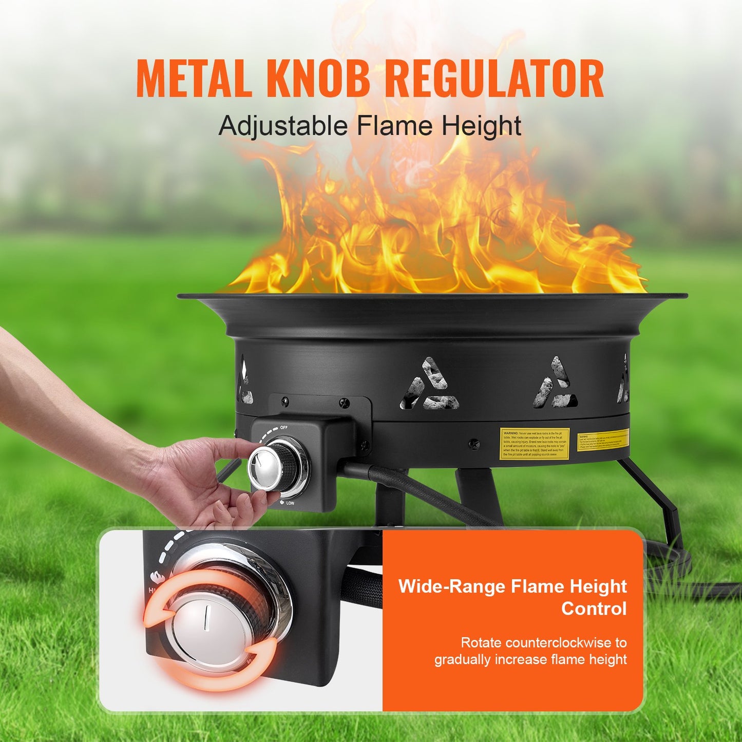 Propane Fire Pit, 24-Inch Diameter Outdoor Portable Gas Fire Pit with Cover & Lava Rocks, Adjustable Flame Height Camping Firepit for Heating, Lighting, Gathering, 58,000 BTU, Black