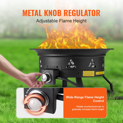 Propane Fire Pit, 24-Inch Diameter Outdoor Portable Gas Fire Pit with Cover & Lava Rocks, Adjustable Flame Height Camping Firepit for Heating, Lighting, Gathering, 58,000 BTU, Black