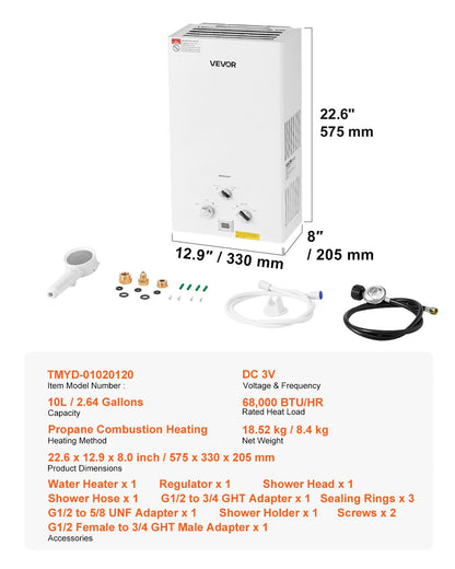 Portable Propane Water Heater, 10L Tankless Outdoor Water Heater, 68000 BTU 2.64 GPM Instant Hot Water, with Accessory Set + Regulator for RV Camping Trips Cabins Barns