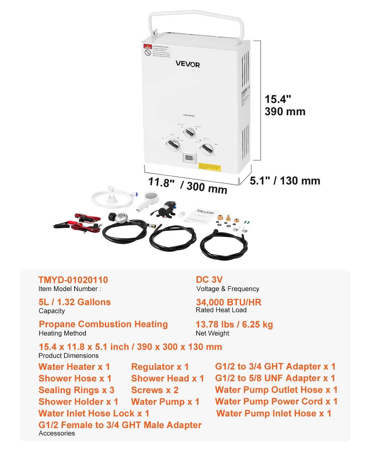 Portable Propane Water Heater, 5L Tankless Outdoor Water Heater, 34000 BTU 1.32 GPM Instant Hot Water, with Accessory Set + Regulator +Water Pump for RV Camping Trips Cabins Barns