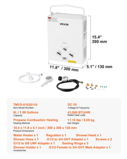 Portable Propane Water Heater, 6L Tankless Outdoor Water Heater, 41000 BTU 1.58 GPM Instant Hot Water, with Accessory Set + Regulator for RV Camping Trips Cabins Barns