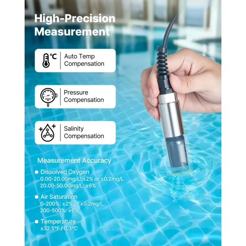 Mätare för löst syre, mätområde 0,0-50,0 mg/L, bärbart kit för mätning av löst syre med 4 m elektrodkabel, Bluetooth/USB-dataöverföring, lagring av 750 dataset, DO-mätare för dammar |  EU
