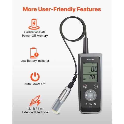 Mätare för löst syre, mätområde 0,0-50,0 mg/L, bärbart kit för mätning av löst syre med 4 m elektrodkabel, Bluetooth/USB-dataöverföring, lagring av 750 dataset, DO-mätare för dammar |  EU