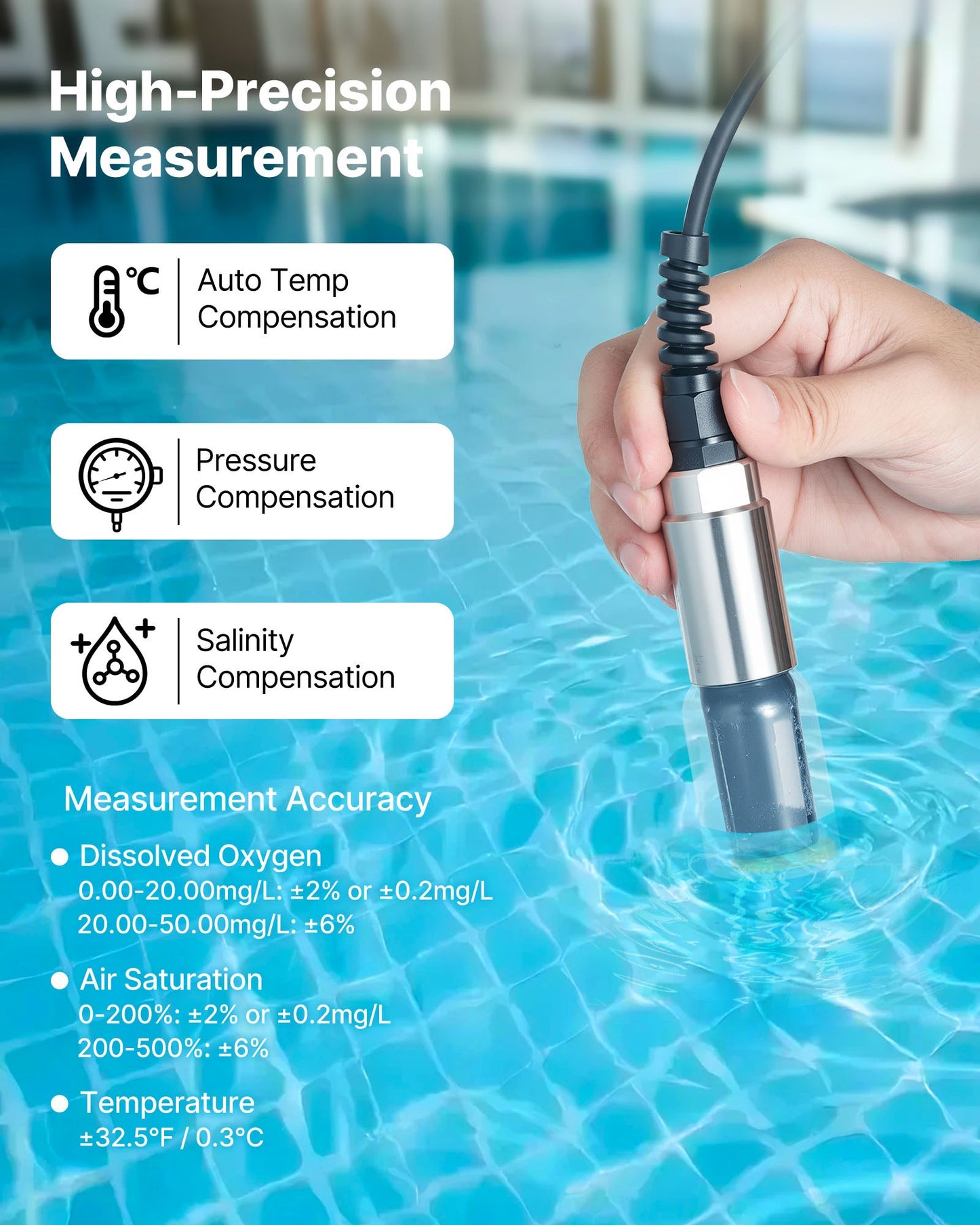 Dissolved Oxygen Meter, 0.0-50.0 mg/L Measurement Range, Portable Dissolved Oxygen Tester Kit with 13.1 ft Electrode Cable, Bluetooth/USB Data Transfer, 750 Data Sets Storage, DO Meter for Ponds