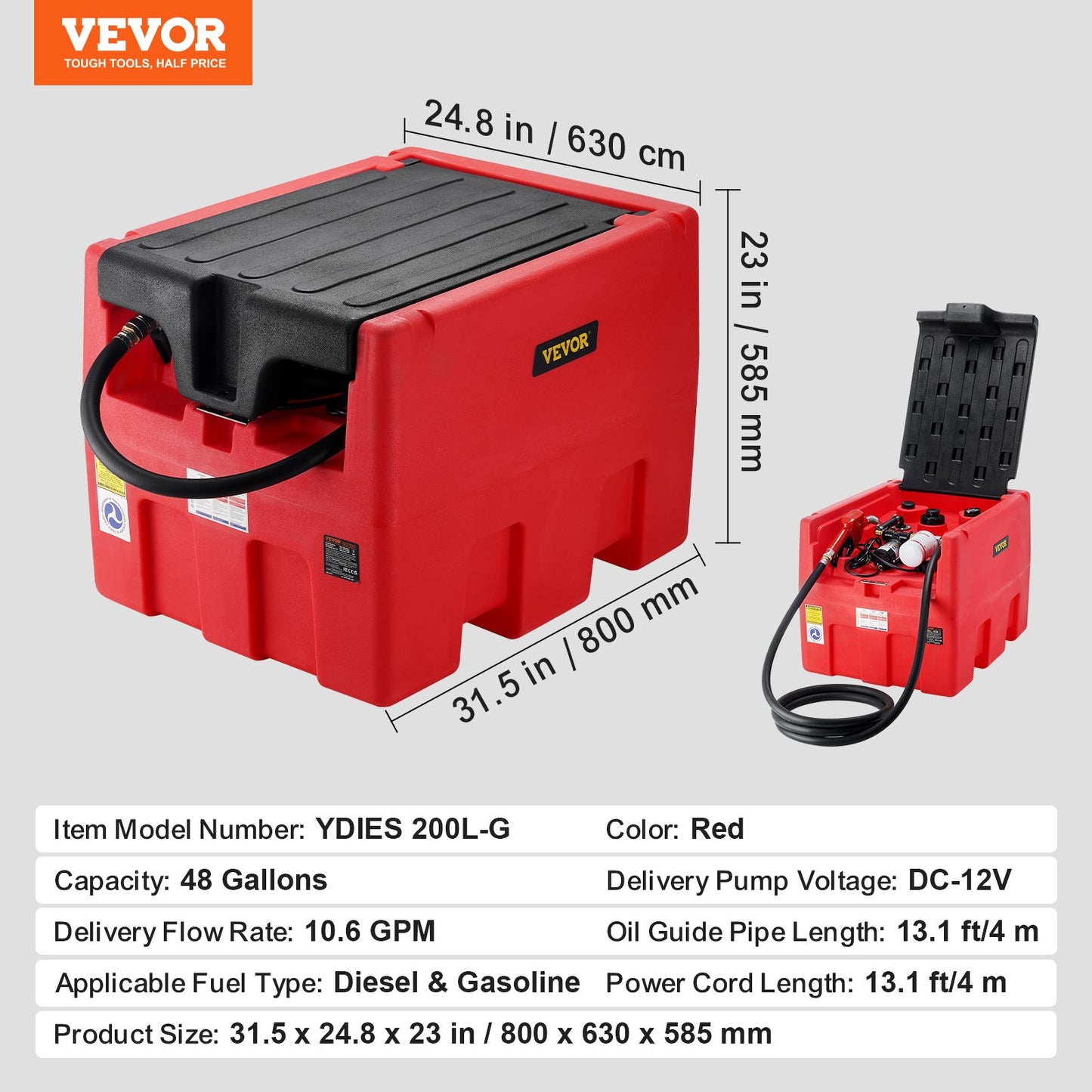 Portable Diesel and Gasoline Tank 48 Gal Fuel Tank with 12V Transfer Pump