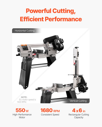 Metal Horizontal Band Saw, 4 in x 6 in Rectangular Cutting Capacity, 110V Metal Vertical Cutting Bandsaw with 550W Motor, 0-45° Angle Adjustment, Variable Speed, for Metal, Wood, and Plastic