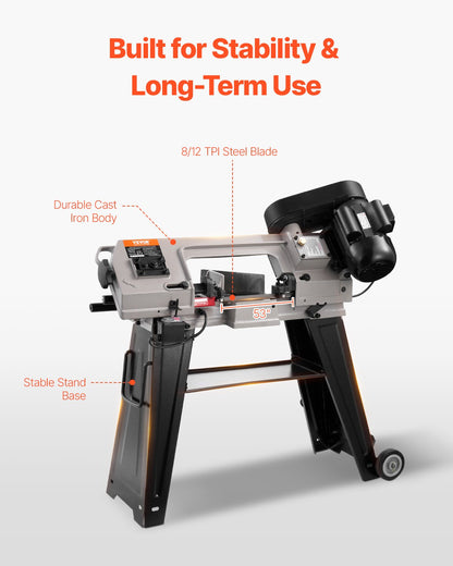 Metal Horizontal Band Saw, 4 in x 6 in Rectangular Cutting Capacity, 110V Metal Vertical Cutting Bandsaw with 550W Motor, 0-45° Angle Adjustment, Variable Speed, for Metal, Wood, and Plastic