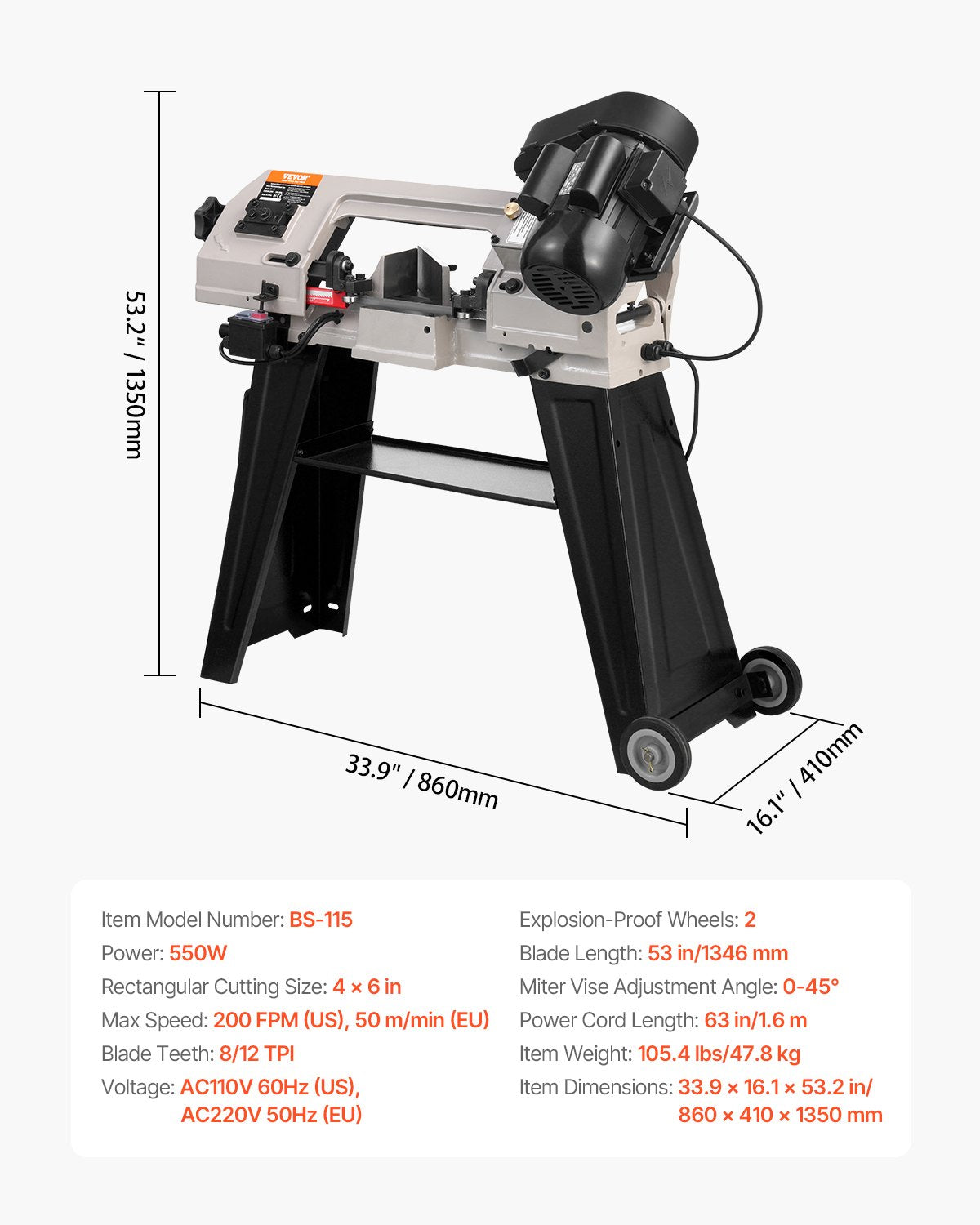 Metal Horizontal Band Saw, 4 in x 6 in Rectangular Cutting Capacity, 110V Metal Vertical Cutting Bandsaw with 550W Motor, 0-45° Angle Adjustment, Variable Speed, for Metal, Wood, and Plastic