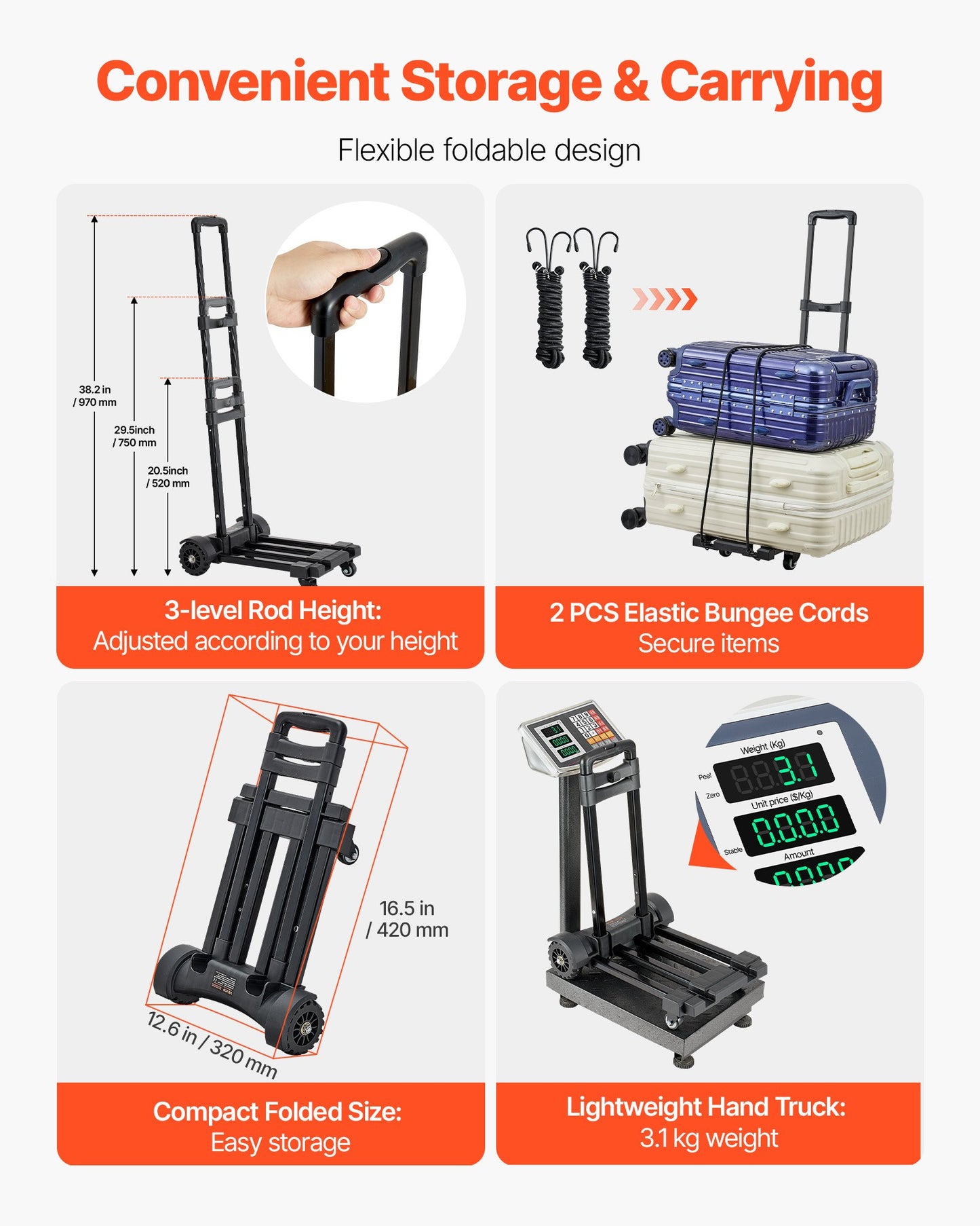 Folding Hand Truck, 290 lbs Load Capacity, Collapsible Luggage Cart with 4 Wheels, 2 Elastic Ropes & Expandable Base, Utility Dolly Platform Cart for Airport Travel Luggage Office Moving, Black