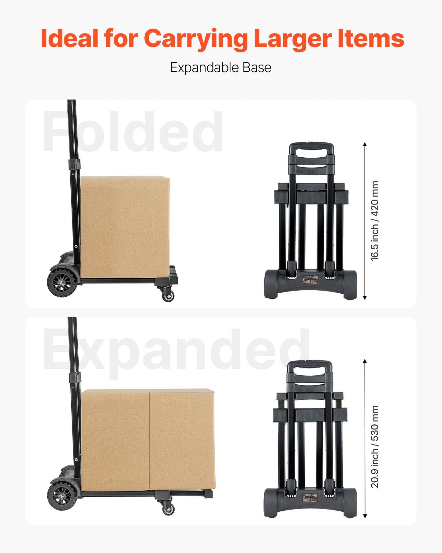 Folding Hand Truck, 290 lbs Load Capacity, Collapsible Luggage Cart with 4 Wheels, 2 Elastic Ropes & Expandable Base, Utility Dolly Platform Cart for Airport Travel Luggage Office Moving, Black