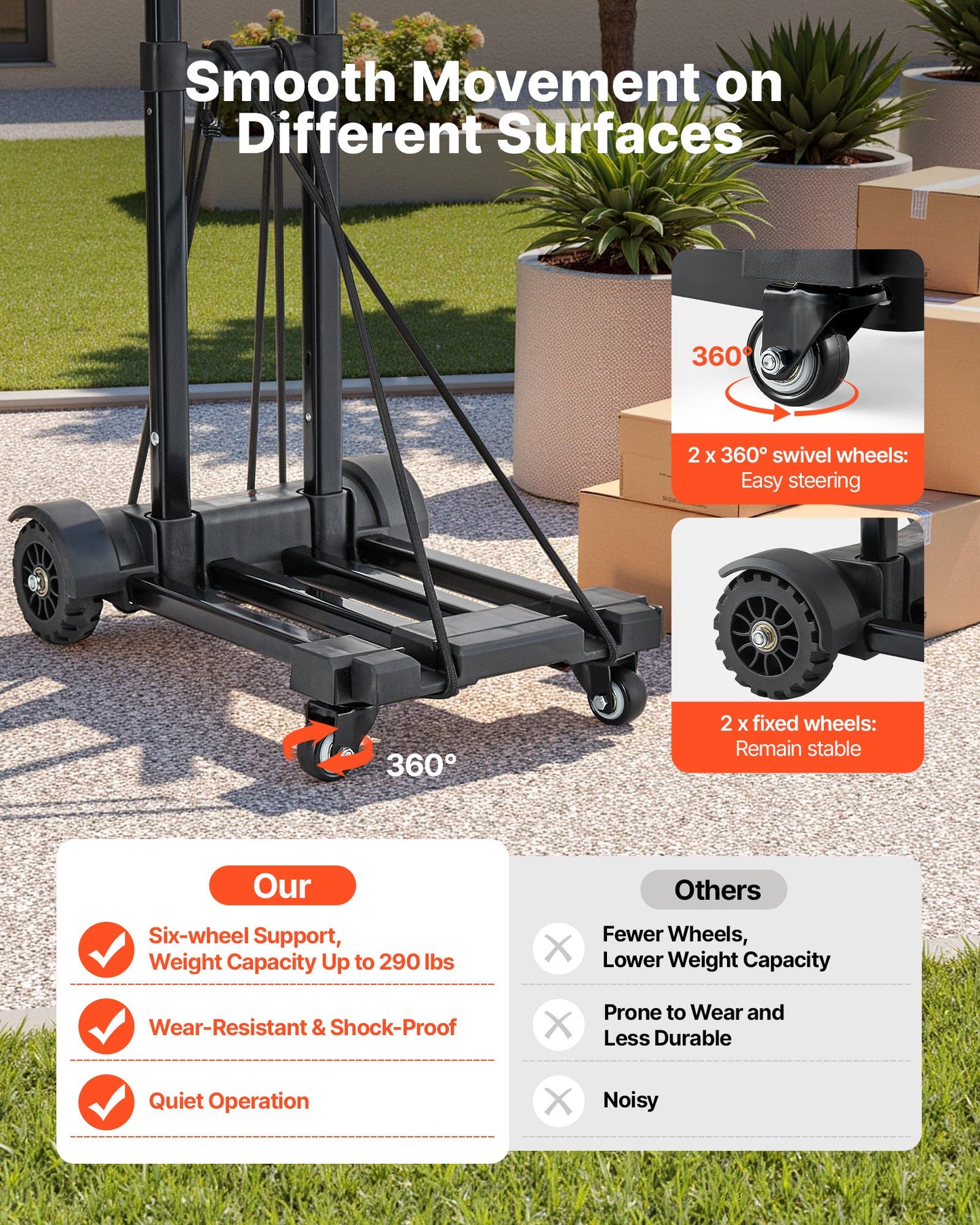 Folding Hand Truck, 290 lbs Load Capacity, Collapsible Luggage Cart with 4 Wheels, 2 Elastic Ropes & Expandable Base, Utility Dolly Platform Cart for Airport Travel Luggage Office Moving, Black