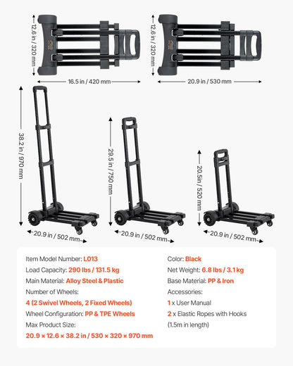 Folding Hand Truck, 290 lbs Load Capacity, Collapsible Luggage Cart with 4 Wheels, 2 Elastic Ropes & Expandable Base, Utility Dolly Platform Cart for Airport Travel Luggage Office Moving, Black
