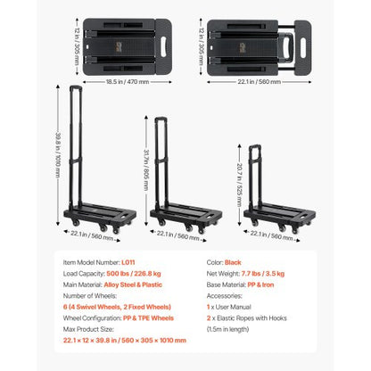 Faltbarer Handwagen 500 lbs Plattformwagen Dolly Trolley Wagen für den Umzug | EU