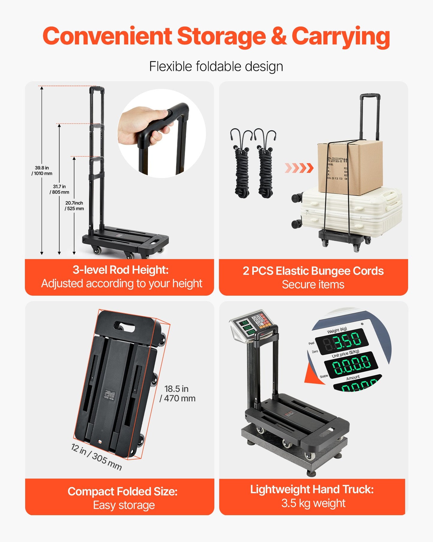 Folding Hand Truck, 500 lbs Load Capacity, Collapsible Luggage Cart with 6 Wheels, 2 Elastic Ropes & Expandable Base, Utility Dolly Platform Cart for Airport Travel Luggage Office Moving, Black