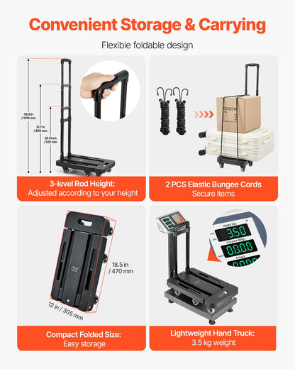 Folding Hand Truck, 500 lbs Load Capacity, Collapsible Luggage Cart with 6 Wheels, 2 Elastic Ropes & Expandable Base, Utility Dolly Platform Cart for Airport Travel Luggage Office Moving, Black