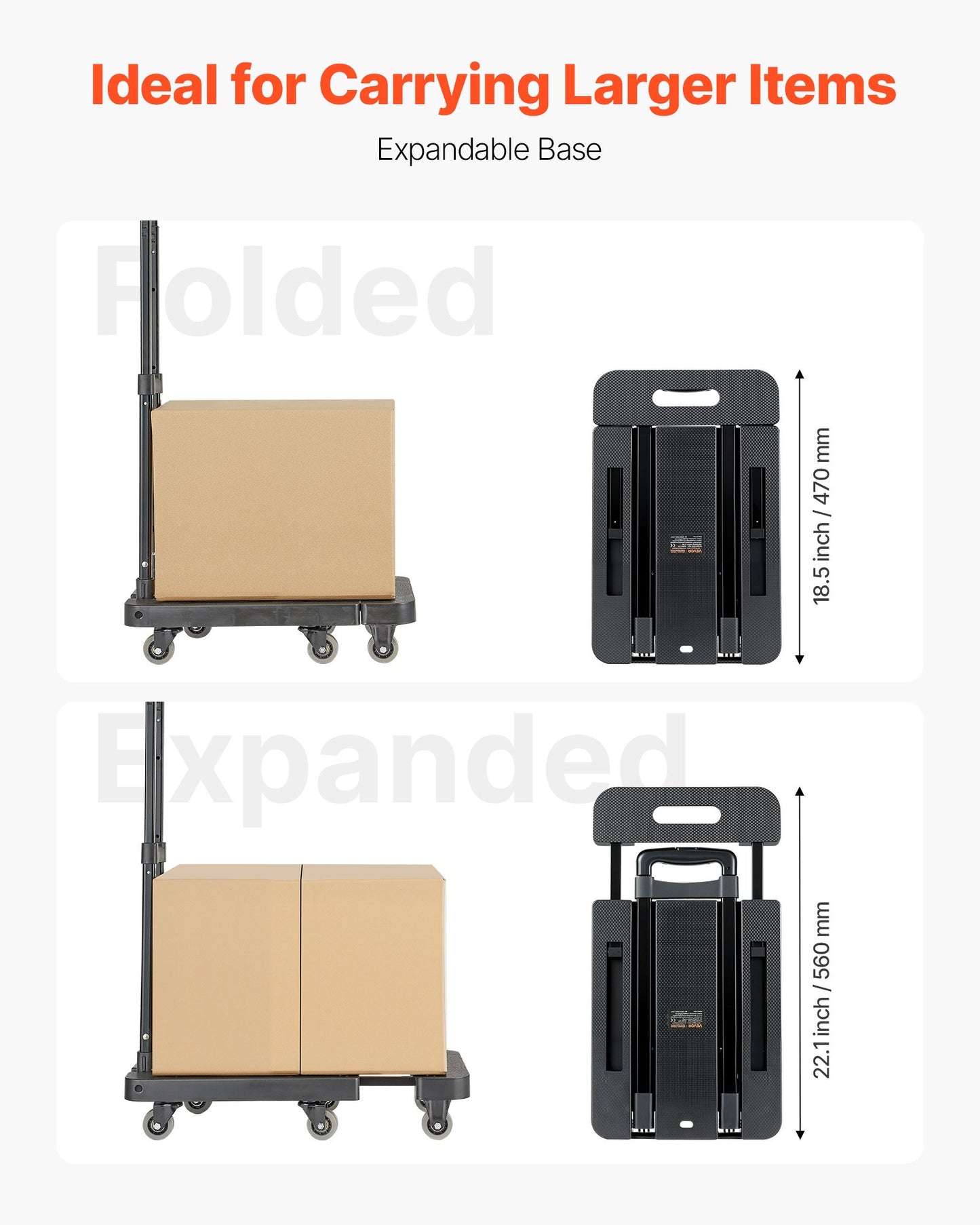 Folding Hand Truck, 500 lbs Load Capacity, Collapsible Luggage Cart with 6 Wheels, 2 Elastic Ropes & Expandable Base, Utility Dolly Platform Cart for Airport Travel Luggage Office Moving, Black