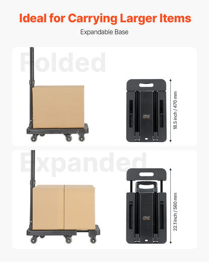 Folding Hand Truck, 500 lbs Load Capacity, Collapsible Luggage Cart with 6 Wheels, 2 Elastic Ropes & Expandable Base, Utility Dolly Platform Cart for Airport Travel Luggage Office Moving, Black