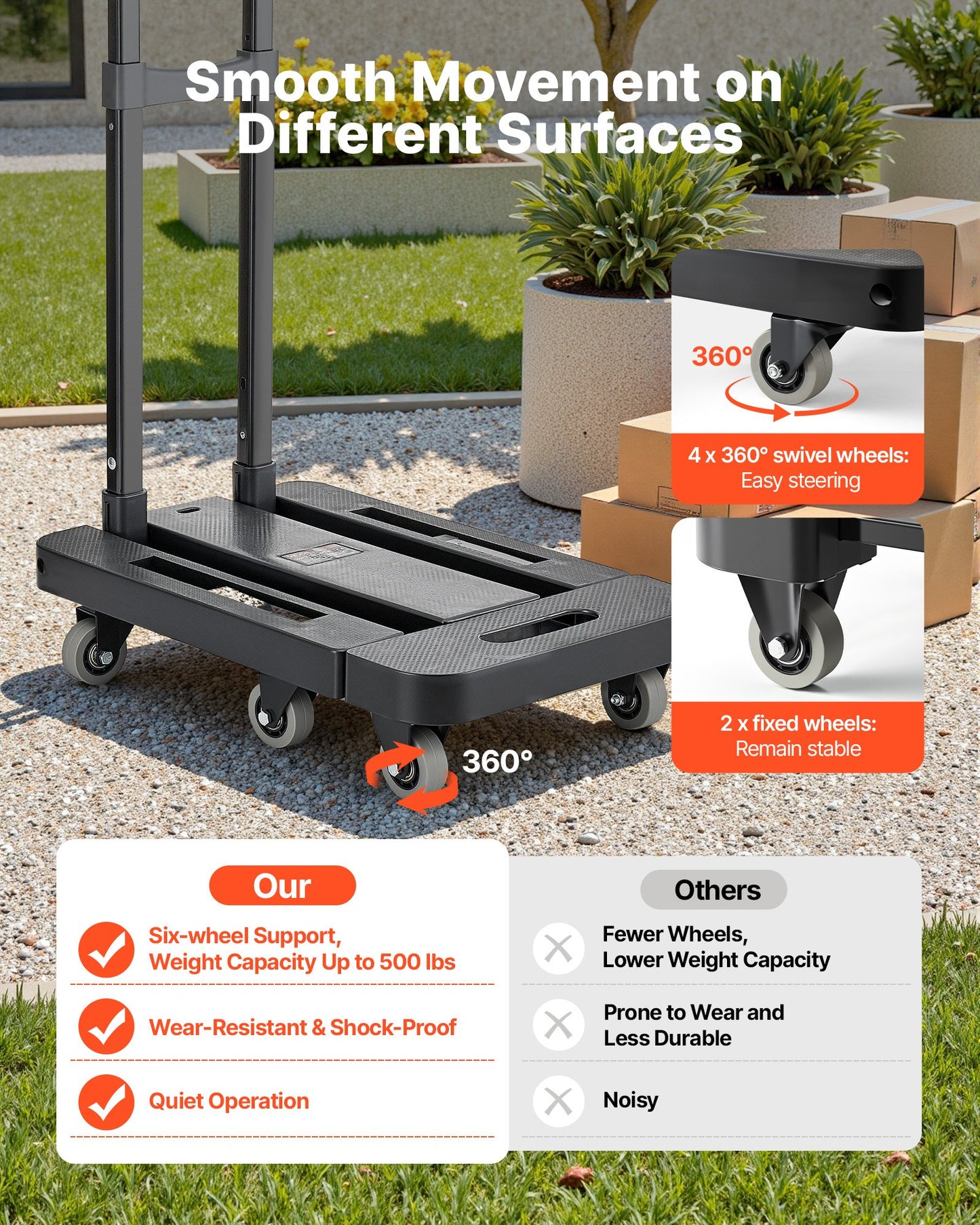 Folding Hand Truck, 500 lbs Load Capacity, Collapsible Luggage Cart with 6 Wheels, 2 Elastic Ropes & Expandable Base, Utility Dolly Platform Cart for Airport Travel Luggage Office Moving, Black