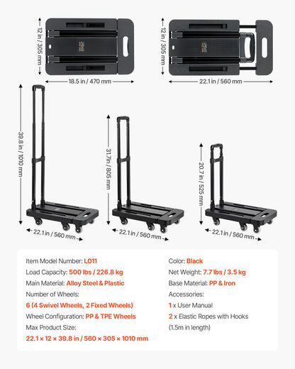 Folding Hand Truck, 500 lbs Load Capacity, Collapsible Luggage Cart with 6 Wheels, 2 Elastic Ropes & Expandable Base, Utility Dolly Platform Cart for Airport Travel Luggage Office Moving, Black
