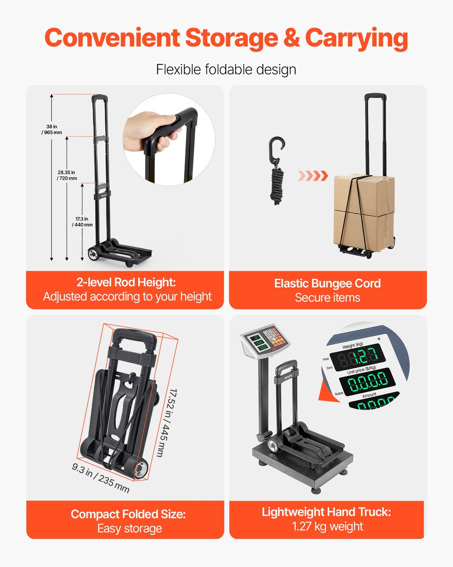 Folding Hand Truck, 110 lbs Load Capacity, Collapsible Luggage Cart with 2 Wheels & 1 Elastic Rope, Utility Dolly Platform Cart for Airport Travel Furniture Luggage Office Moving, Black
