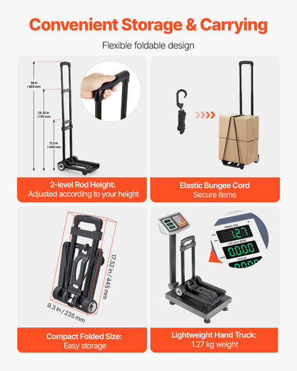 Folding Hand Truck, 110 lbs Load Capacity, Collapsible Luggage Cart with 2 Wheels & 1 Elastic Rope, Utility Dolly Platform Cart for Airport Travel Furniture Luggage Office Moving, Black