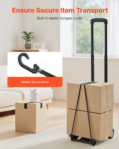 Folding Hand Truck, 110 lbs Load Capacity, Collapsible Luggage Cart with 2 Wheels & 1 Elastic Rope, Utility Dolly Platform Cart for Airport Travel Furniture Luggage Office Moving, Black