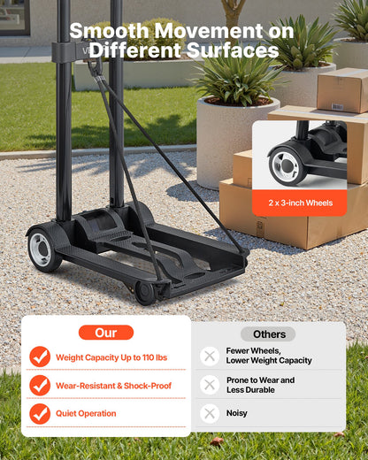 Folding Hand Truck, 110 lbs Load Capacity, Collapsible Luggage Cart with 2 Wheels & 1 Elastic Rope, Utility Dolly Platform Cart for Airport Travel Furniture Luggage Office Moving, Black