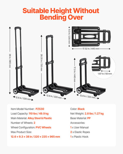 Folding Hand Truck, 110 lbs Load Capacity, Collapsible Luggage Cart with 2 Wheels & 1 Elastic Rope, Utility Dolly Platform Cart for Airport Travel Furniture Luggage Office Moving, Black