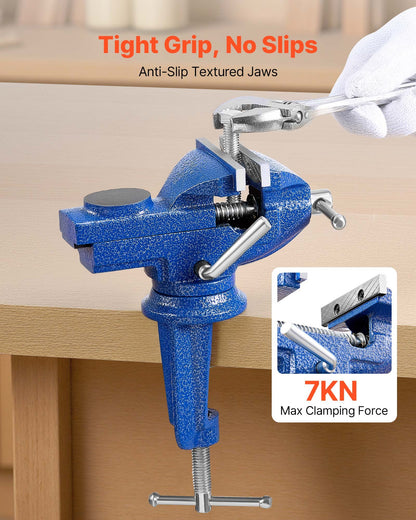 Bench Vise, 3 Inch, Portable Workbench Vice with 360° Swivel Base, Quick Release Rotating Bench Clamp, Raised Base, Cast Iron Construction, for Woodworking, Metalworking, Drilling, and Cutting