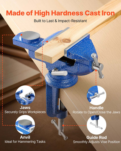 Bench Vise, 3 Inch, Portable Workbench Vice with 360° Swivel Base, Quick Release Rotating Bench Clamp, Raised Base, Cast Iron Construction, for Woodworking, Metalworking, Drilling, and Cutting