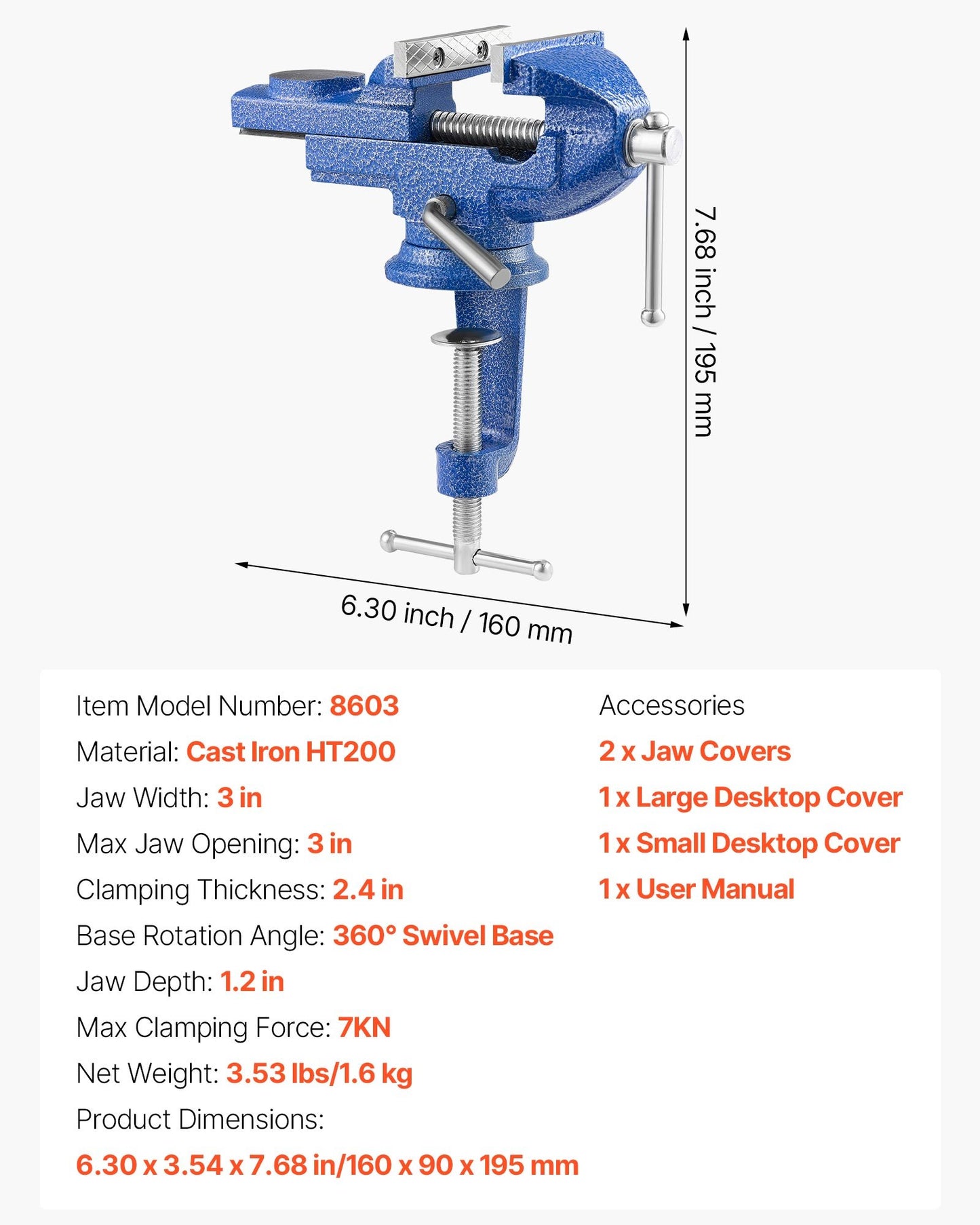 Bench Vise, 3 Inch, Portable Workbench Vice with 360° Swivel Base, Quick Release Rotating Bench Clamp, Raised Base, Cast Iron Construction, for Woodworking, Metalworking, Drilling, and Cutting