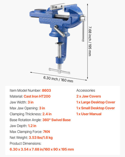 Bench Vise, 3 Inch, Portable Workbench Vice with 360° Swivel Base, Quick Release Rotating Bench Clamp, Raised Base, Cast Iron Construction, for Woodworking, Metalworking, Drilling, and Cutting