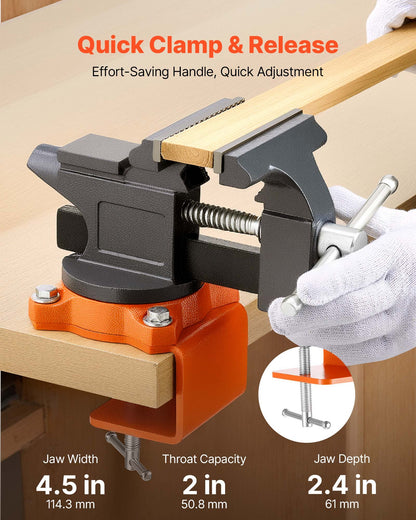 Bench Vise, 4.5 Inch, Portable Workbench Vice with 270° Swivel Base, Quick Release Rotating Bench Clamp, Cast Iron Construction, for Woodworking, Metalworking, Drilling, Sawing, Cutting Conduit