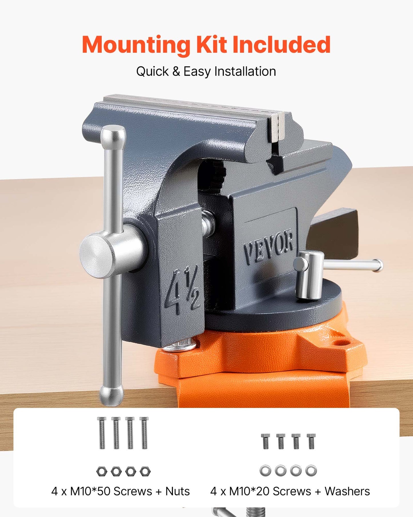 Bench Vise, 4.5 Inch, Portable Workbench Vice with 270° Swivel Base, Quick Release Rotating Bench Clamp, Cast Iron Construction, for Woodworking, Metalworking, Drilling, Sawing, Cutting Conduit