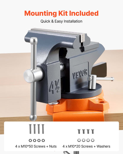 Bench Vise, 4.5 Inch, Portable Workbench Vice with 270° Swivel Base, Quick Release Rotating Bench Clamp, Cast Iron Construction, for Woodworking, Metalworking, Drilling, Sawing, Cutting Conduit