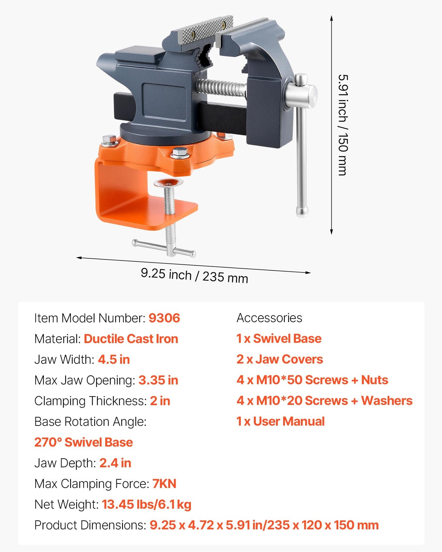 Bench Vise, 4.5 Inch, Portable Workbench Vice with 270° Swivel Base, Quick Release Rotating Bench Clamp, Cast Iron Construction, for Woodworking, Metalworking, Drilling, Sawing, Cutting Conduit