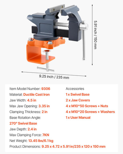 Bench Vise, 4.5 Inch, Portable Workbench Vice with 270° Swivel Base, Quick Release Rotating Bench Clamp, Cast Iron Construction, for Woodworking, Metalworking, Drilling, Sawing, Cutting Conduit