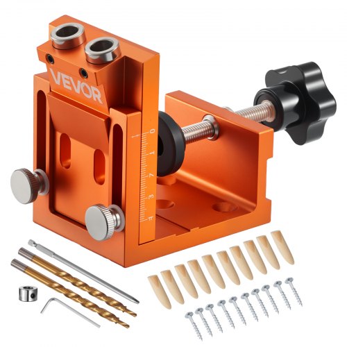 Pocket Hole Jig Kit, 0.47 to 1.89 in Adjustable, Jig Pocket Hole System with Step Drill, Hex Wrench, Drill Stop Ring, Square Drive Bit, Plugs and Screws, Reinforced Metal Frame, for Woodworking