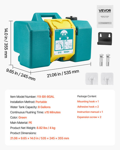 Portable Eye Wash Station 8 Gal, OSHA-Approved Eyewash Station Wall-Mounted/On Flat Surface, Emergency Eye Wash Unit with 2 Sprays, First Aid Eyewash Units for Schools, Labs, Factories, Green