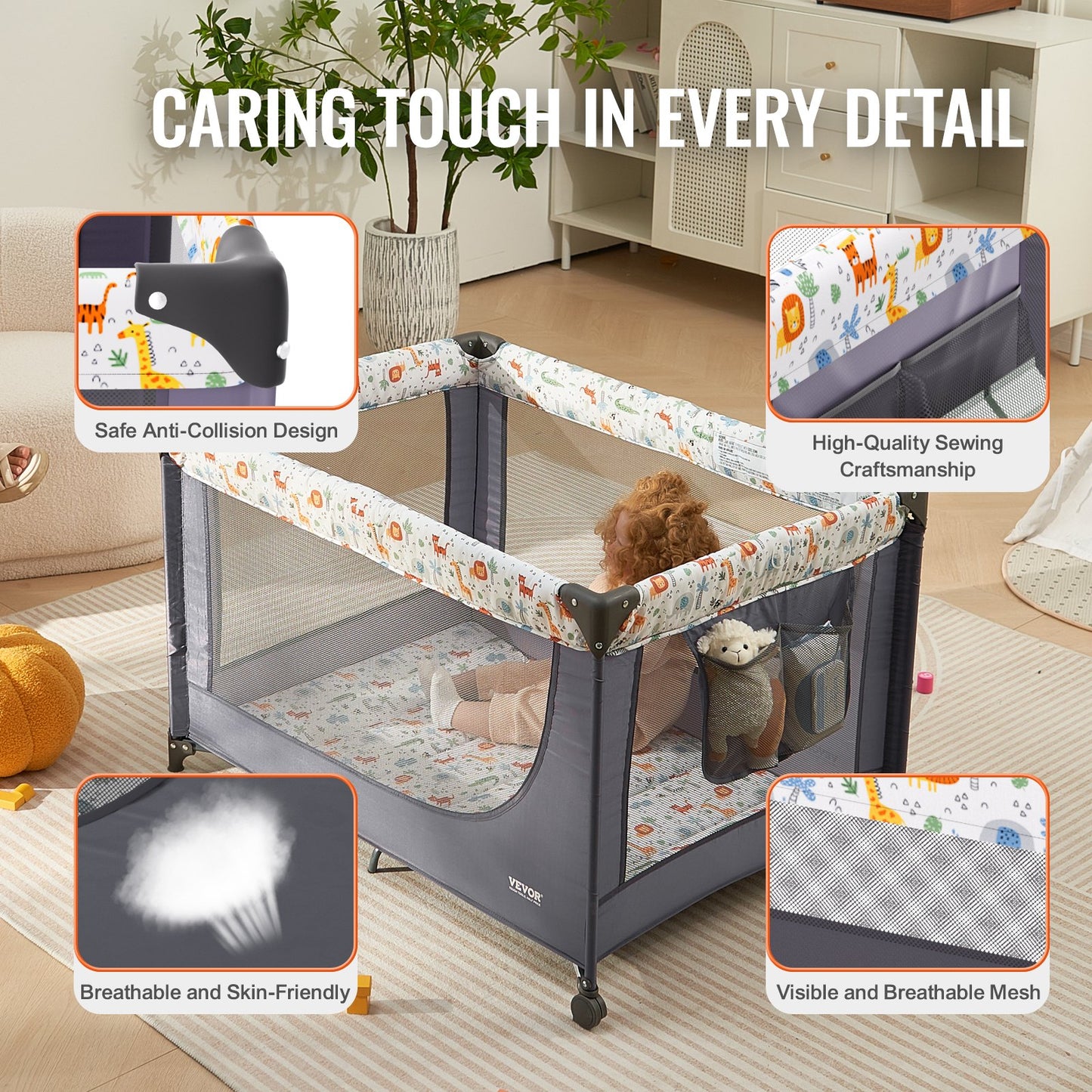 Baby Playpen Travel Crib, Quick-Folding Playpen for Baby & Toddler, Portable Baby Fence Play Yard with Wheels, Breathable Mesh & Travel Bag, Indoor/Outdoor Kids Activity Center for 0-36 Months