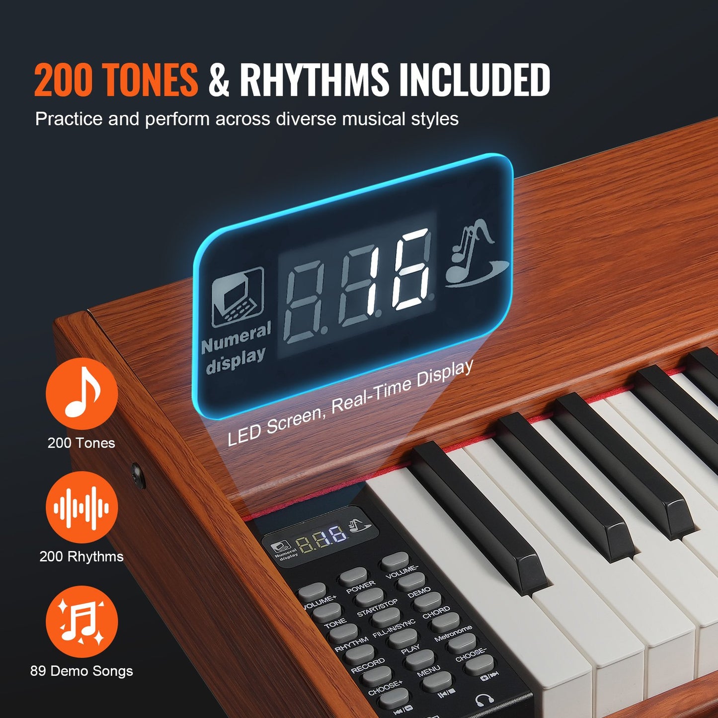 88 keys, fully weighted digital piano Double keyboard, four-legged stand