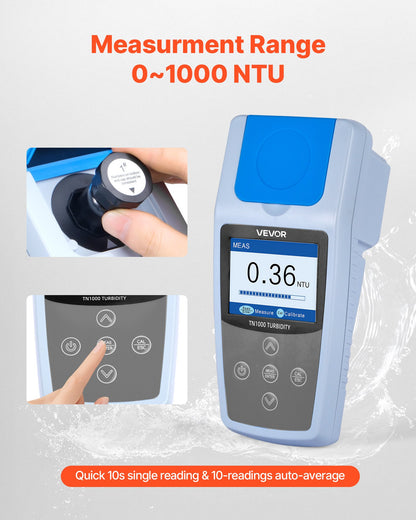 Turbidity Meter, 0–1000 NTU Measuring Range, ISO 7027 Compliant, Portable Red Light Turbidimeter, Quick Reading, with Calibration Solutions, Sample Vials, and Carry Case, for Field and Plant