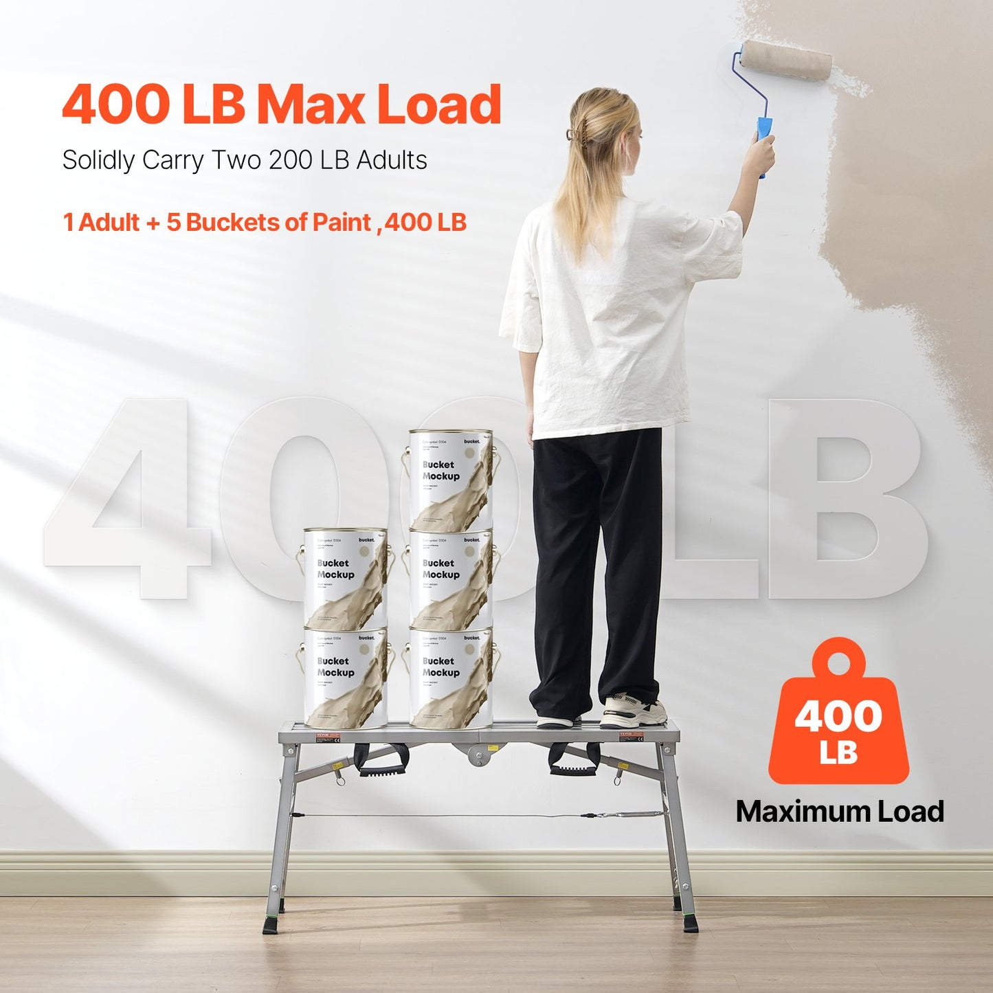 Work Platform, 3 Gear Adjustable Height, Folding Alloy Steel Step Ladder, Portable Scaffolding Platform, 400 lb Load Capacity, Non-Slip Rubber Feet, Drywall Painting Stool, for Cleaning &Washing