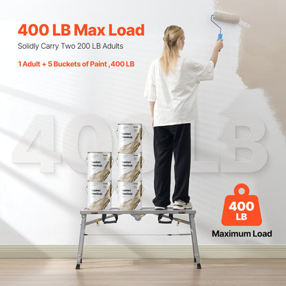 Work Platform, 3 Gear Adjustable Height, Folding Alloy Steel Step Ladder, Portable Scaffolding Platform, 400 lb Load Capacity, Non-Slip Rubber Feet, Drywall Painting Stool, for Cleaning &Washing